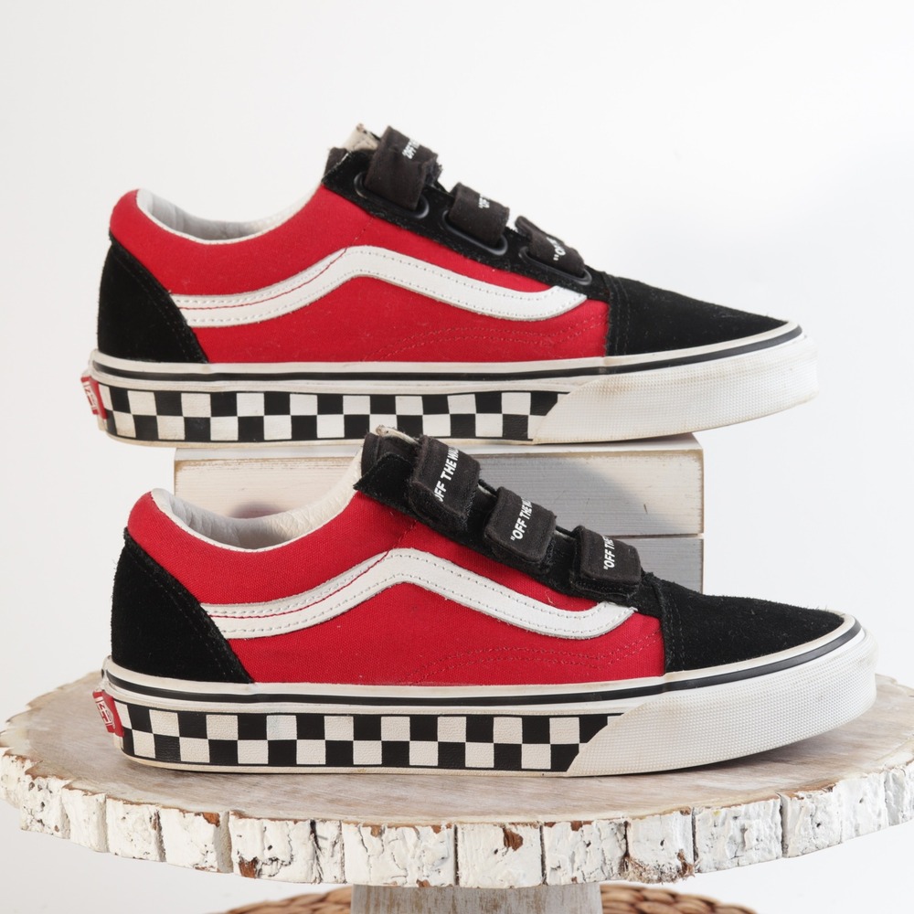 Vans Old Skool V Red Black Checkerboard Hook and Loop Sneakers 721356 Mens 5.5